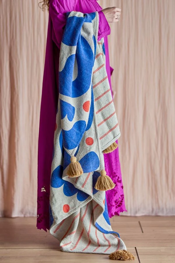 Plaid Coton Recyclé, Bleu & pompom